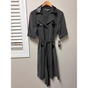 Sharagano Shirt Dress Charcoal Gray Belted Career Button Front Womens 14